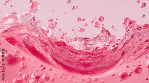 Pink liquid with vibrant splashes and bubbles