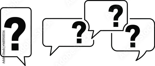 Three question mark icons in speech bubbles on a white background