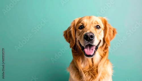 Happy golden retriever portrait against teal background