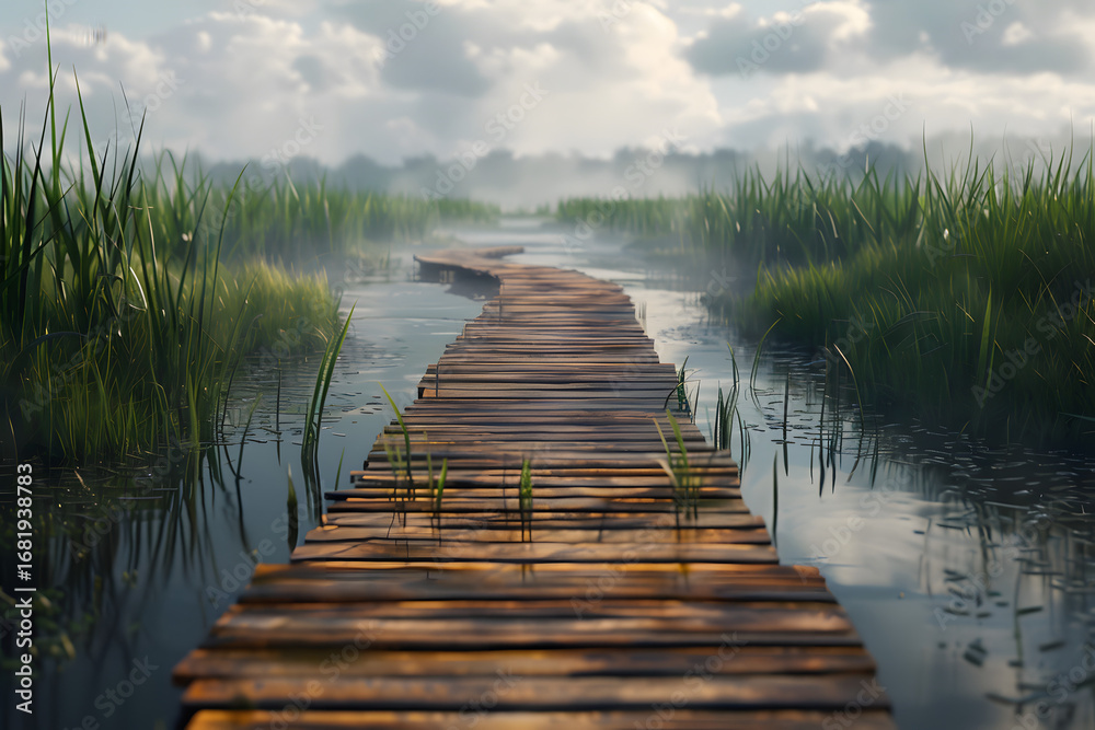Obraz premium Scenic Wooden Bridge Path Over Misty River in Lush Nature Landscape Photography