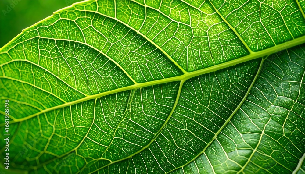 Fototapeta premium A detailed close-up view of a vibrant green leaf, showcasing intricate vein patterns.