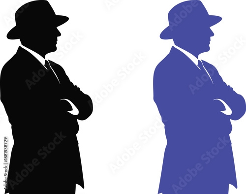 Silhouette of a man in a suit and hat with arms crossed side view