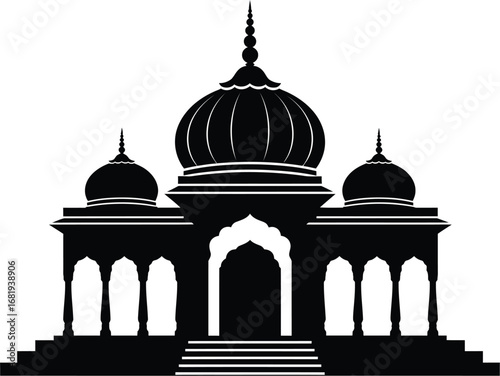 Silhouette of an ornate building with domes and arched entrances