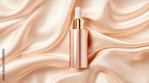 A rose gold serum bottle with a white dropper rests on luxurious, peach-colored silk fabric, creating a soft, elegant product display