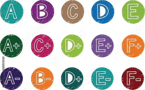 Illustration of colorful circles with grades a through f variations