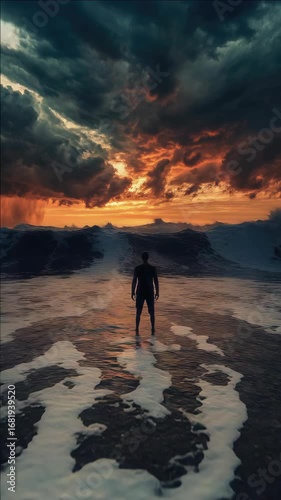 Beach scene with man standing at edge of shore during stormy sunset