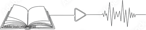 A line drawing of an open book leading to a play button and soundwave