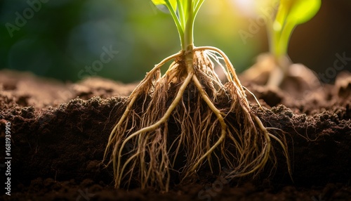 close up of healthy well nourished plant roots growing in rich soil strong natural light highlighting the intricate root structure lush and vibrant