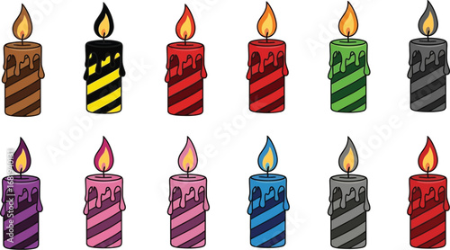 A collection of twelve colorful striped candles with burning flames