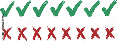 A line of green check marks above a line of red x marks on white