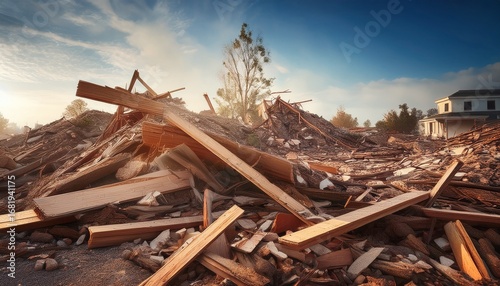 pile of broken wooden beams and construction debris from demolished building after tornado disaster