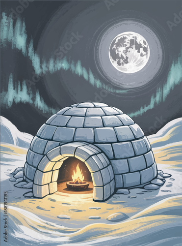 An illustration of a snowy tundra in which there is a yurt of the northern peoples in which a cozy hearth fire is burning. In the background is a sky with a full moon and the northern Lights. EPS.