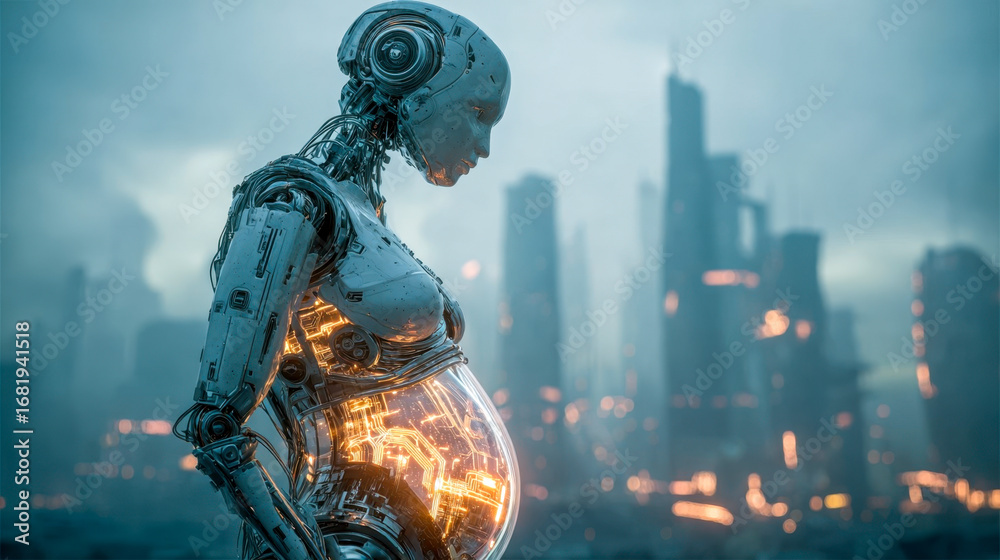 Fototapeta premium Pregnant humanoid robot with glowing belly against futuristic city background