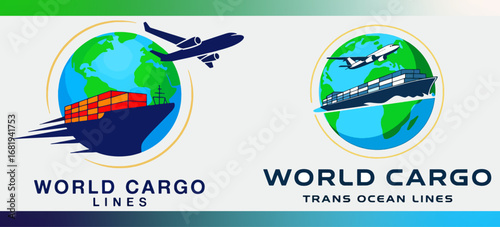 World Cargo Lines illustration with cargo ship, airplane and globe symbolizing international shipping, logistics, trade, freight and global transport