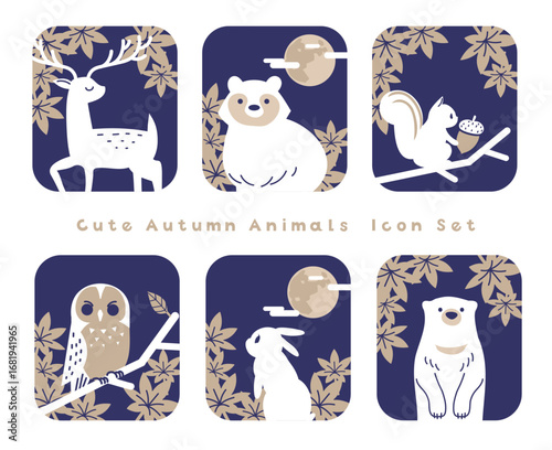 秋の紅葉と動物の可愛いアイコンセット/Cute Autumn Animals and Maple Leaves Icon Set