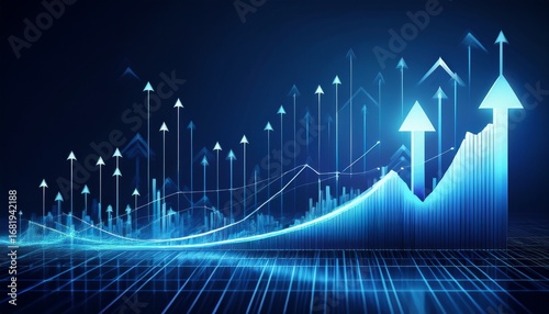 a dark blue backdrop pulsates with upward trending arrows forming a dynamic financial graph that symbolizes the growth of a successful business powered by the generative capabilities of ai