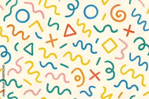 Colorful doodle seamless pattern with simple shapes Fun childlike texture and scribbled background