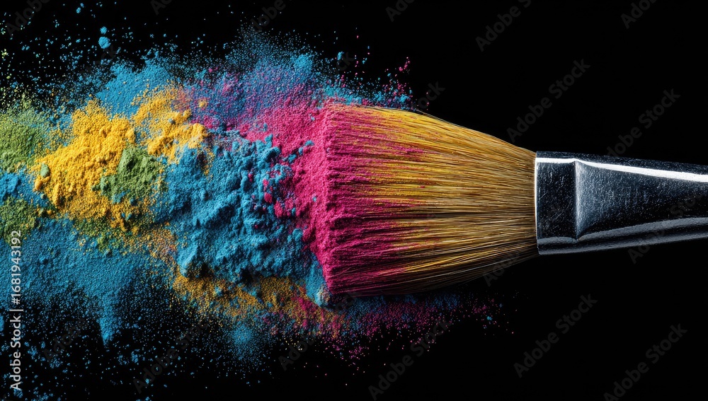 Fototapeta premium Colorful powder explodes around a paintbrush on a black background