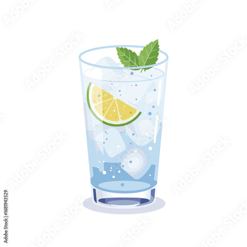 Gin and tonic glass with lemon and mint on white background