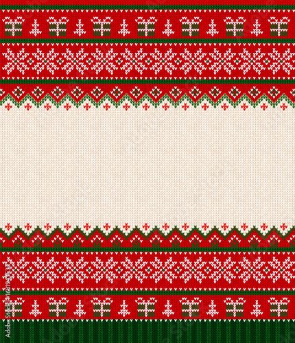 Cozy Knitted Christmas Border with Snowflakes and Reindeer. Red Green Christmas Sweater Background Holiday Pattern. Ugly Sweater Style Invitation Template, Festive Knit Design Vector Illustration