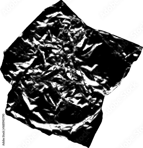 Abstract black and white image featuring a complex pattern of shapes and textures with a grainy effect