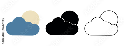 Moon behind Cloud Icon color, outline, black full. Nightfall, obscured moon. Set of different types of weather symbol twilight for forecast interface. Lunar night, moonlight. Flat vector illustration