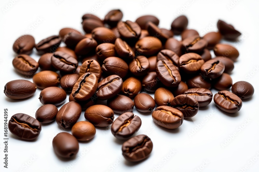 Fototapeta premium Roasted coffee beans isolated on a pure white background, showcasing their rich brown tones and natural texture, heap, object