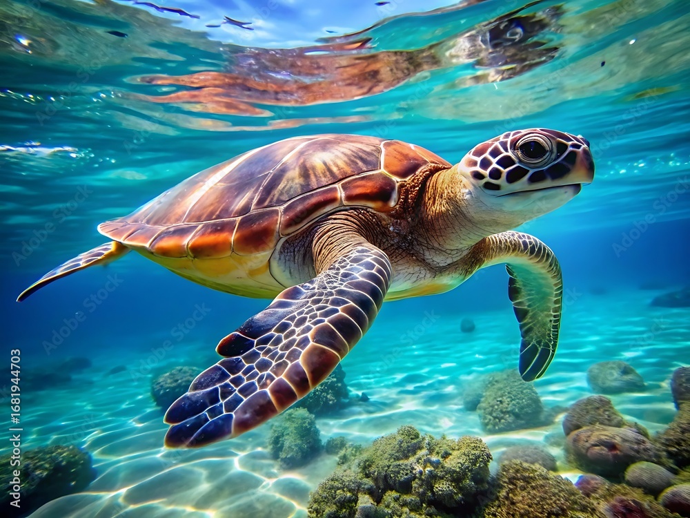Fototapeta premium Sea turtle gliding through clear blue ocean swimming