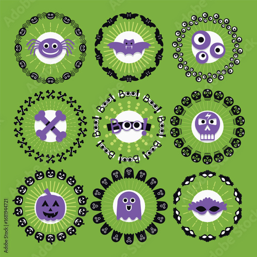 Cute assorted black and purple Halloween circle border pattern with center and sun beam emblems design elements set ion green background