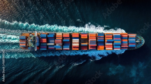 Top-down aerial view of large container cargo ship sailing across deep blue sea, concept of global freight logistics, maritime transportation, ocean trade routes and international export economy