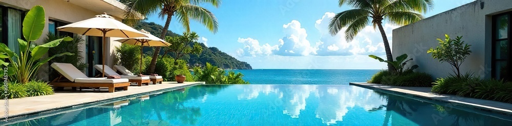 Fototapeta premium Serene blue sky reflected in a hotel pool, lush greenery surrounding the tranquil oasis Perfect for relaxation and vacation imagery , idyllic, resort, tranquil