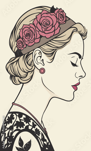  woman blonde curly hair pink rose headband 