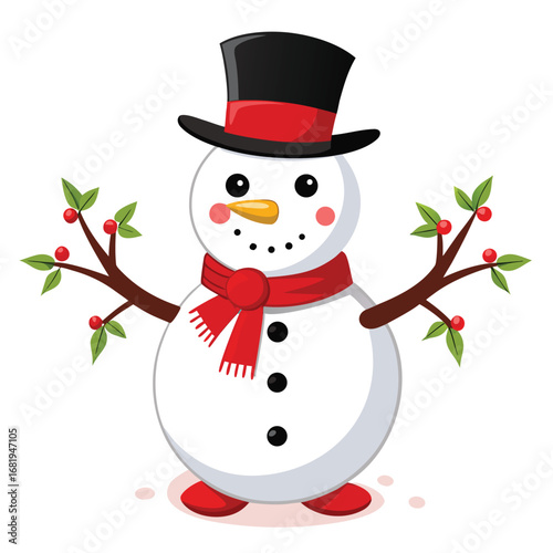 A cheerful snowman stands tall wearing a black top hat red scarf and mittens during winter holidays celebration vector