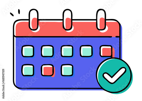 Colorful calendar icon with checkmark symbolizing deadlines met, appointments scheduled, reminders set, and tasks completed successfully