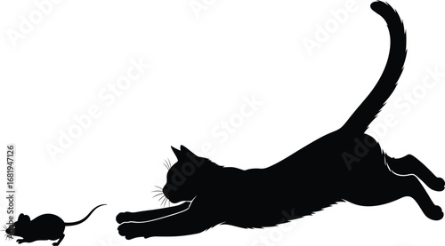 Black cat silhouette chasing a mouse silhouette in mid-air feline animal