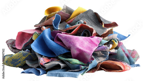 Pile of colorful, textured fabric scraps, creating a messy heap