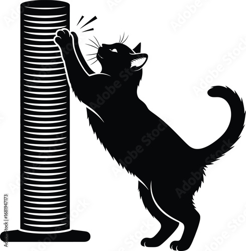 Black cat silhouette scratching a tall scratching post on a white background kitten