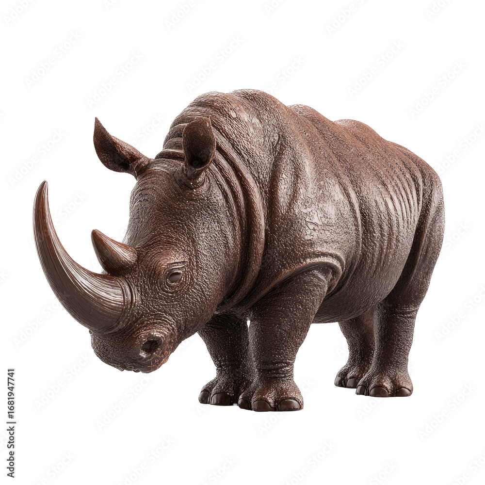 Fototapeta premium Detailed close-up of a brown rhino figurine. Textured skin, large horn, and strong pose