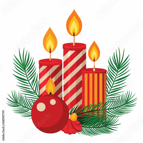 Festive christmas scene with three lit candles a red ornament and pine branches celebratory holiday ambiance vector