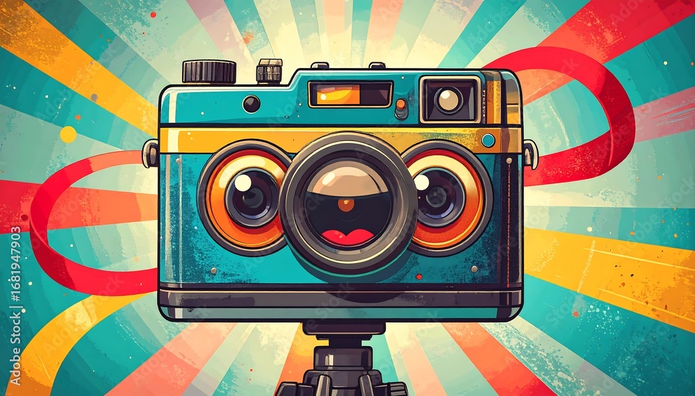Fototapeta premium Cartoon camera on tripod, vibrant background