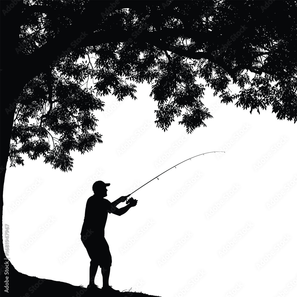 Obraz premium Silhouette of a man fishing under a large tree with lush foliage nature