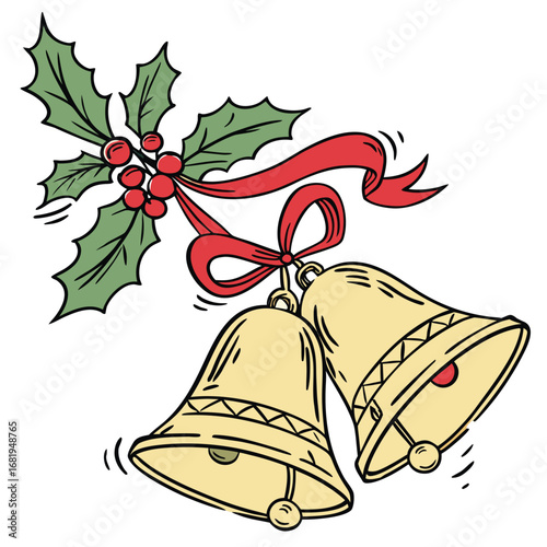 Festive holiday decoration two shiny brass bells tied with red ribbon and holly sprig with berries celebratory vector
