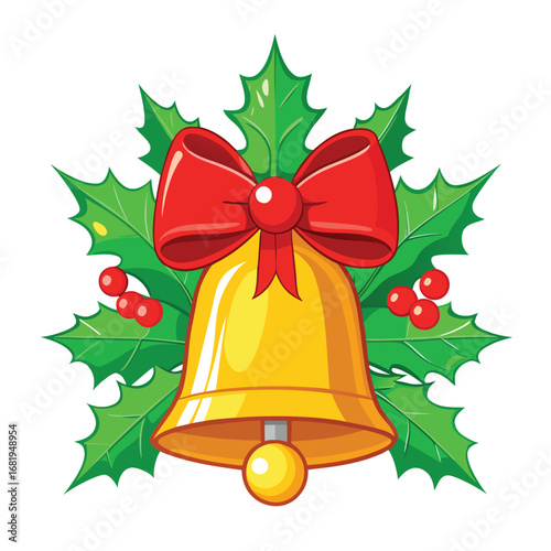 Festive golden christmas bell with red ribbon and holly berries for holiday celebrations and decorations vector