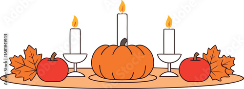 Festive Thanksgiving Centerpiece with Candles Pumpkin and Apples Creates a Warm and Inviting Atmosphere