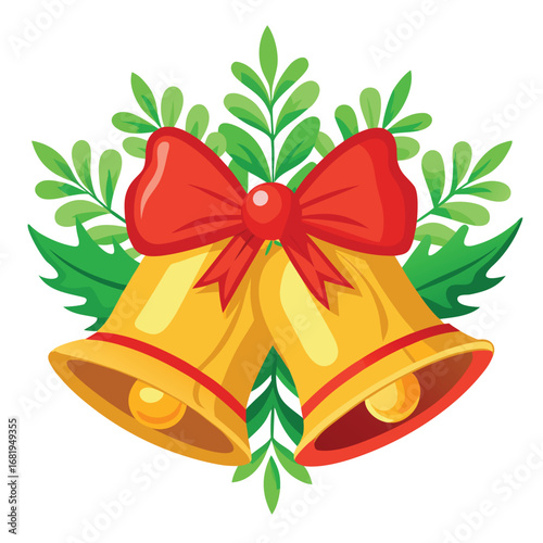 Festive golden christmas bells adorned with a red bow and green festive foliage arrangement for holiday celebrations vector