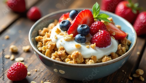 Bowl filled with yoghurt and granola topped with fresh fruit and nuts , fruit, healthy