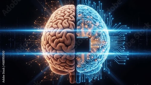 Half human brain and half circuit board with blue light on a dark background
