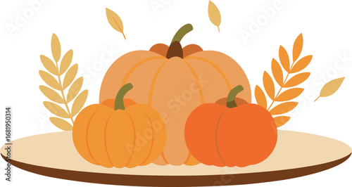 Autumn Harvest Still Life Three Pumpkins with Wheat Stalks and Falling Leaves on a Platter