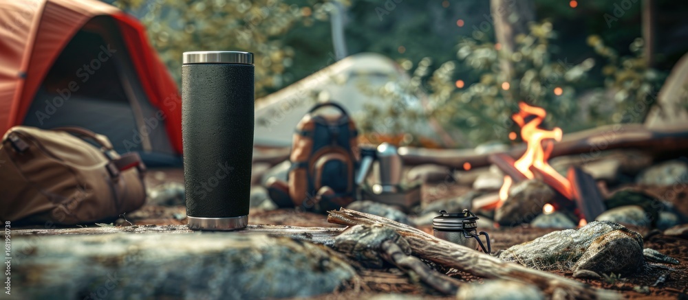 Obraz premium A stainless steel water bottle sits on a rock near a campfire and tent in the wilderness.
