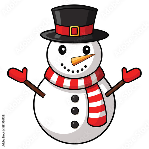Cheerful cartoon snowman with top hat scarf and mittens ready for winter fun and holiday celebration vector